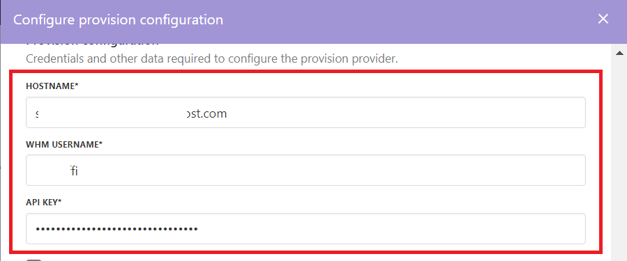 Fill Hostname, WHM Username, and API