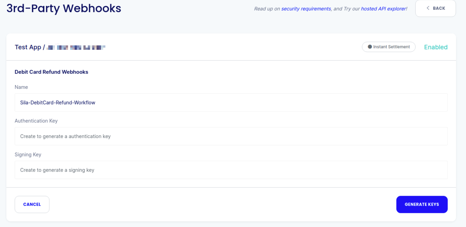 Admin App dashboard, 3rd-Party Webhooks screen