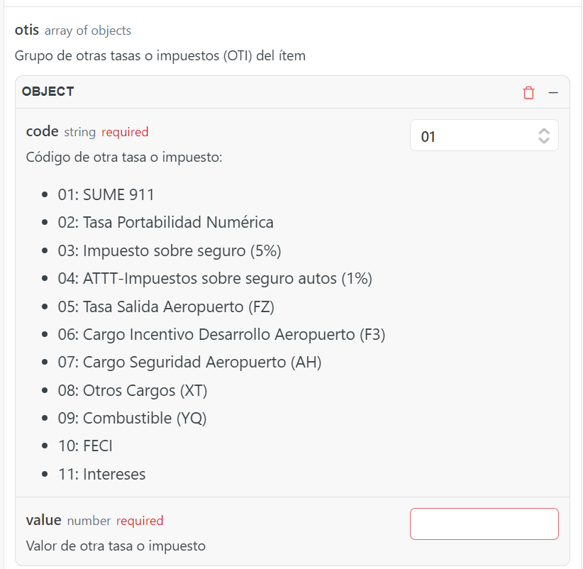 Campo en la api body.items[i].otis.code. [endpoint](https://developer.alanube.co/v1.0-PAN/reference/createinvoices-1)