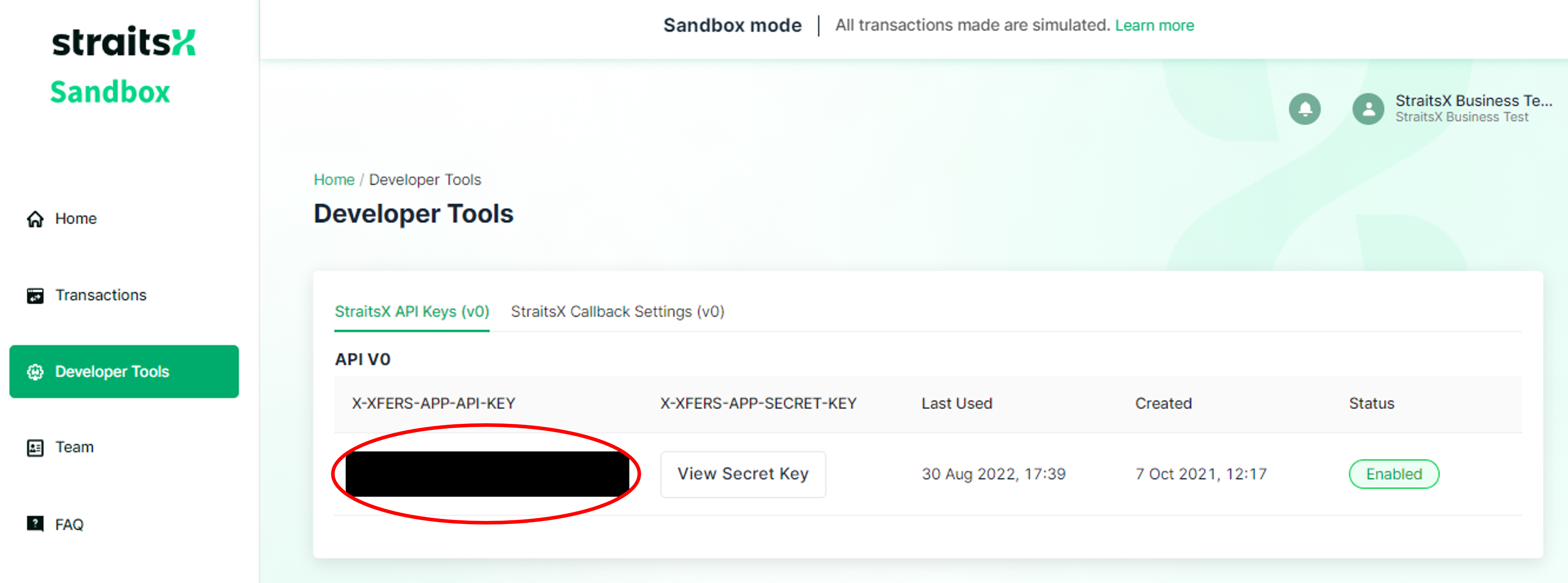 2. Access Sandbox API key