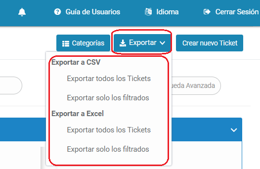 Mesa de ayuda tickets Exportar