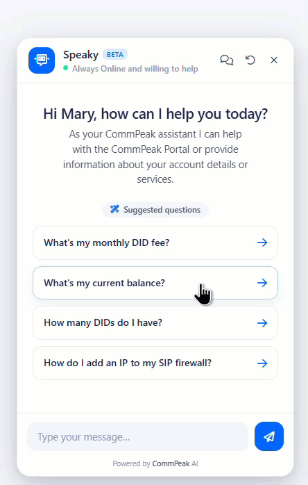 Screenshot of the Speaky dialog box with suggested questions