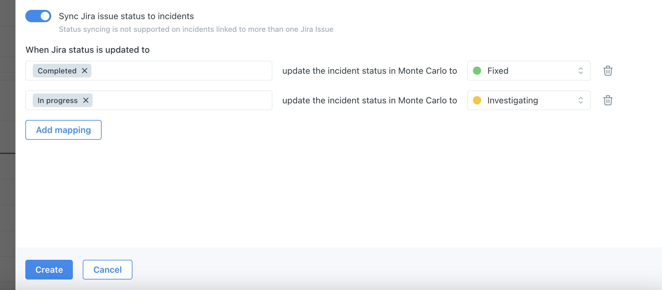 An example where the user has mapped 'Completed' and 'In progress' in Jira to 'Fixed' and 'Investigating' in Monte Carlo