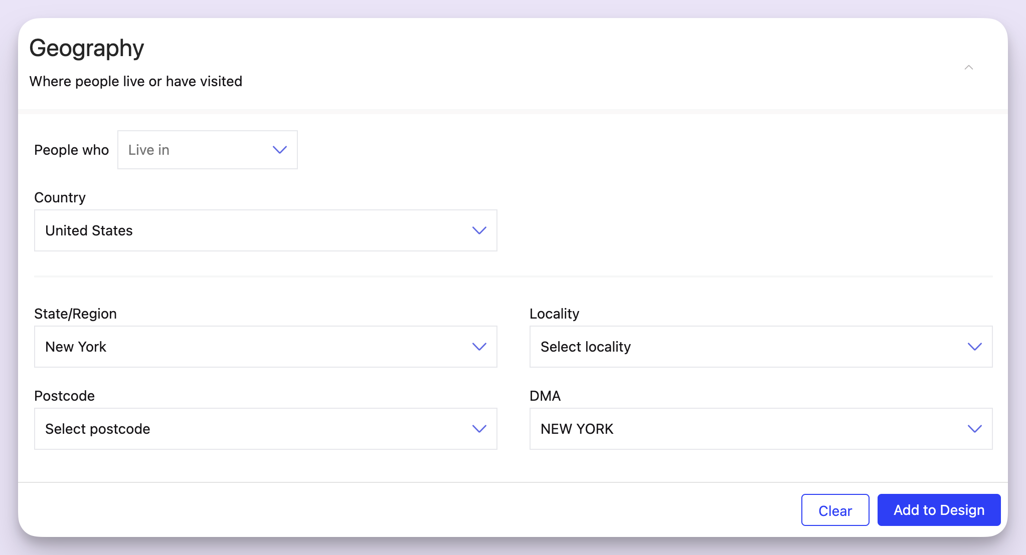 The Geography module, filtering for only those who live in New York.