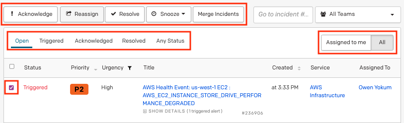 Incident actions and filtering options