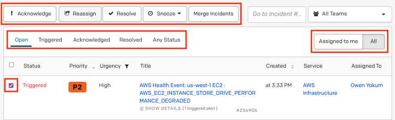 A screenshot of the PagerDuty web app showing incident actions and filtering options