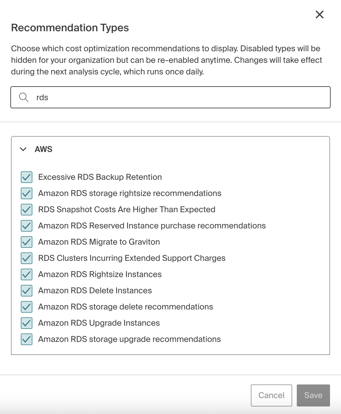 Recommendation Types settings panel