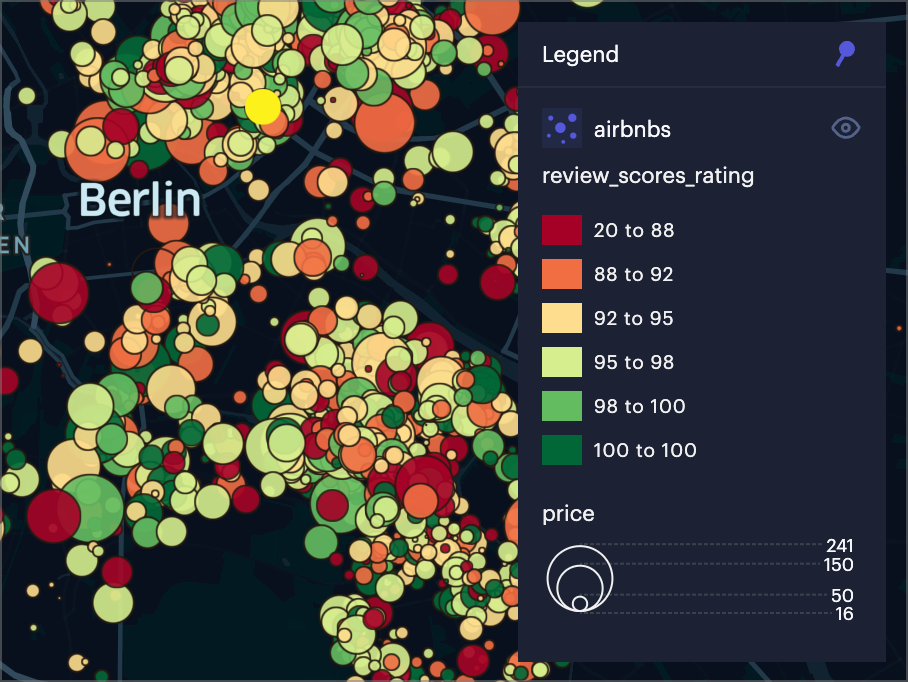 Airbnb colored by review score, sized by price.