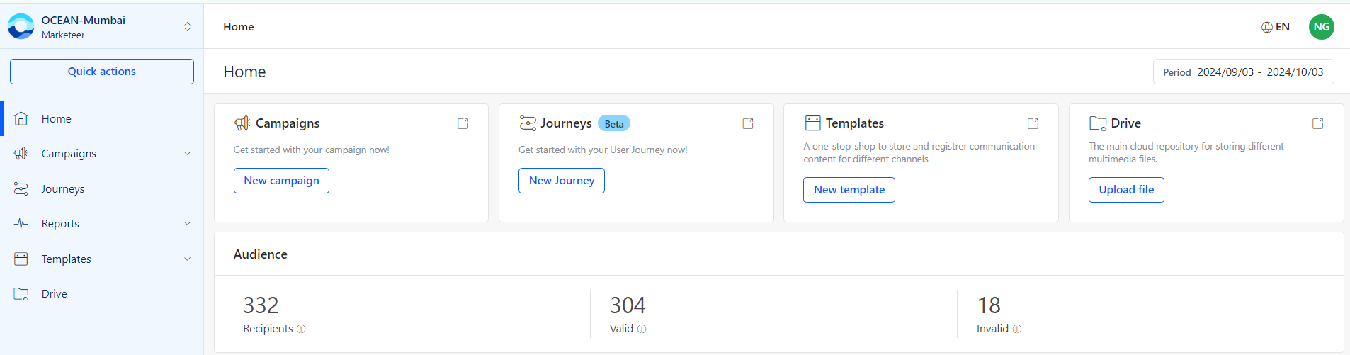 Ocean Journeys page with New Journey option