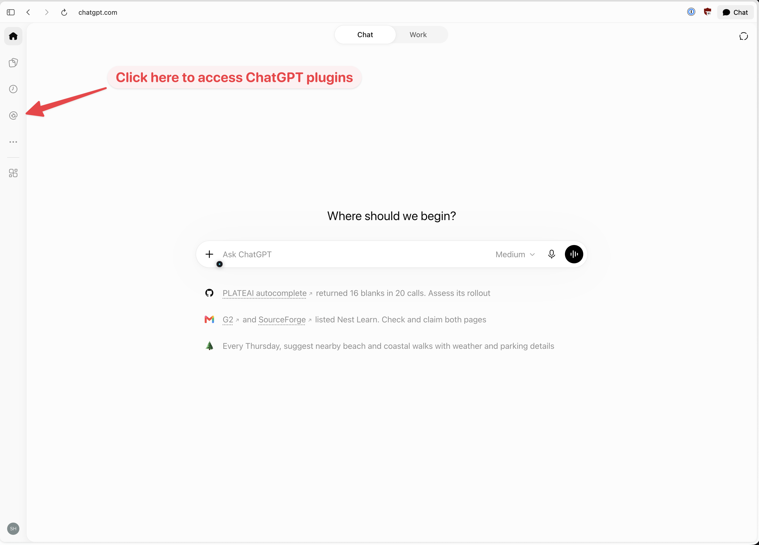 ChatGPT home screen with an arrow pointing to Plugins in the left sidebar