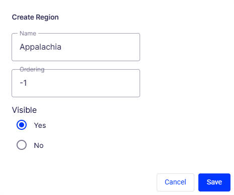 Screenshot of the Create region dialog in Commerce Connect