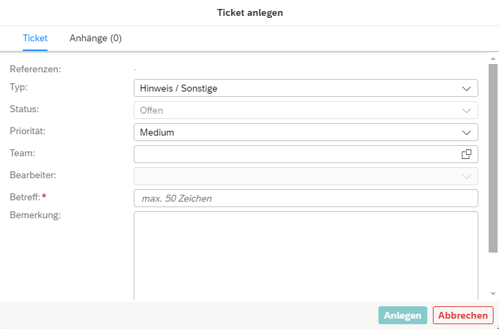 Ticket anlegen - Arbeitsfenster