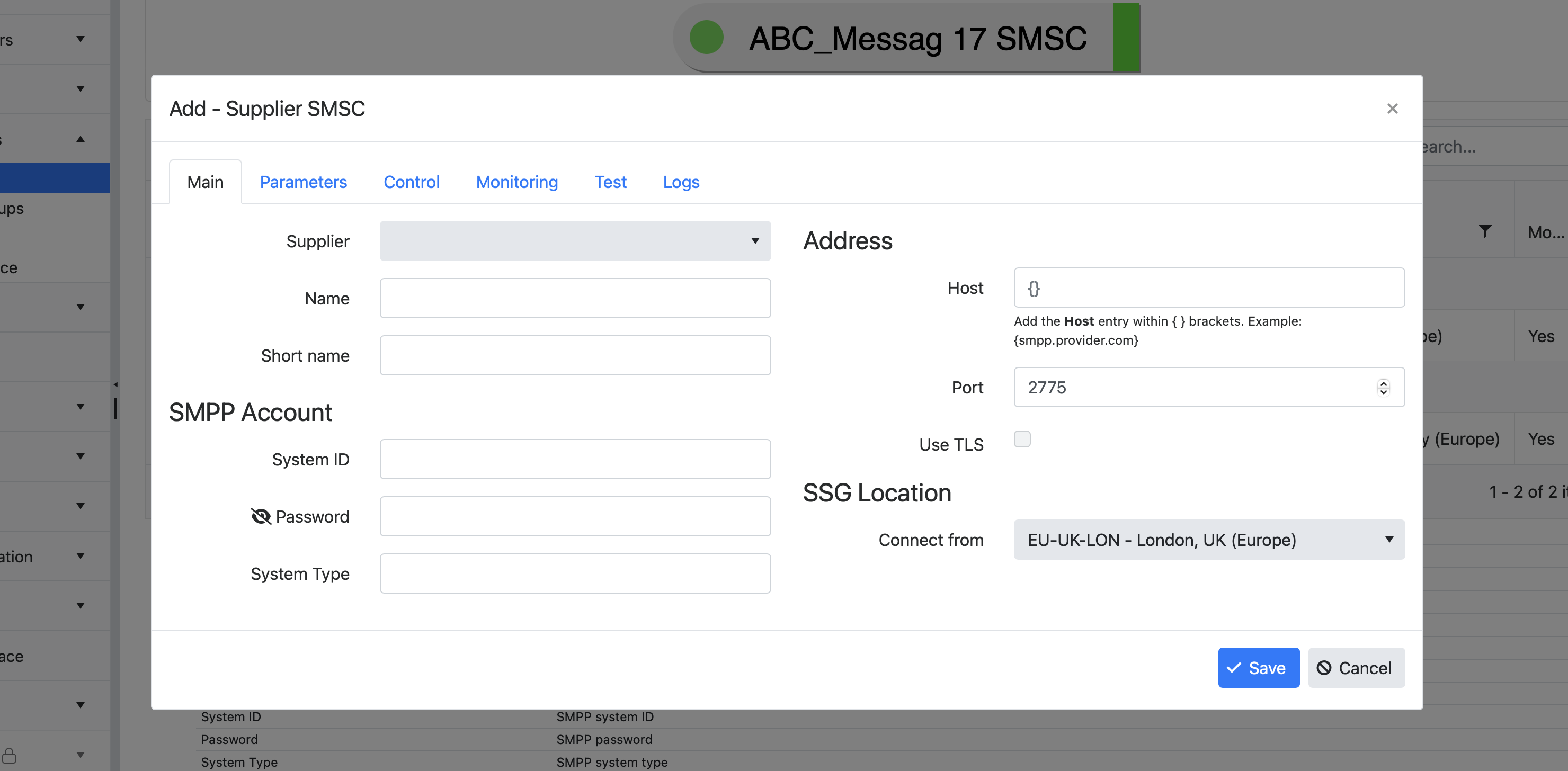 New SMSC connection dialog