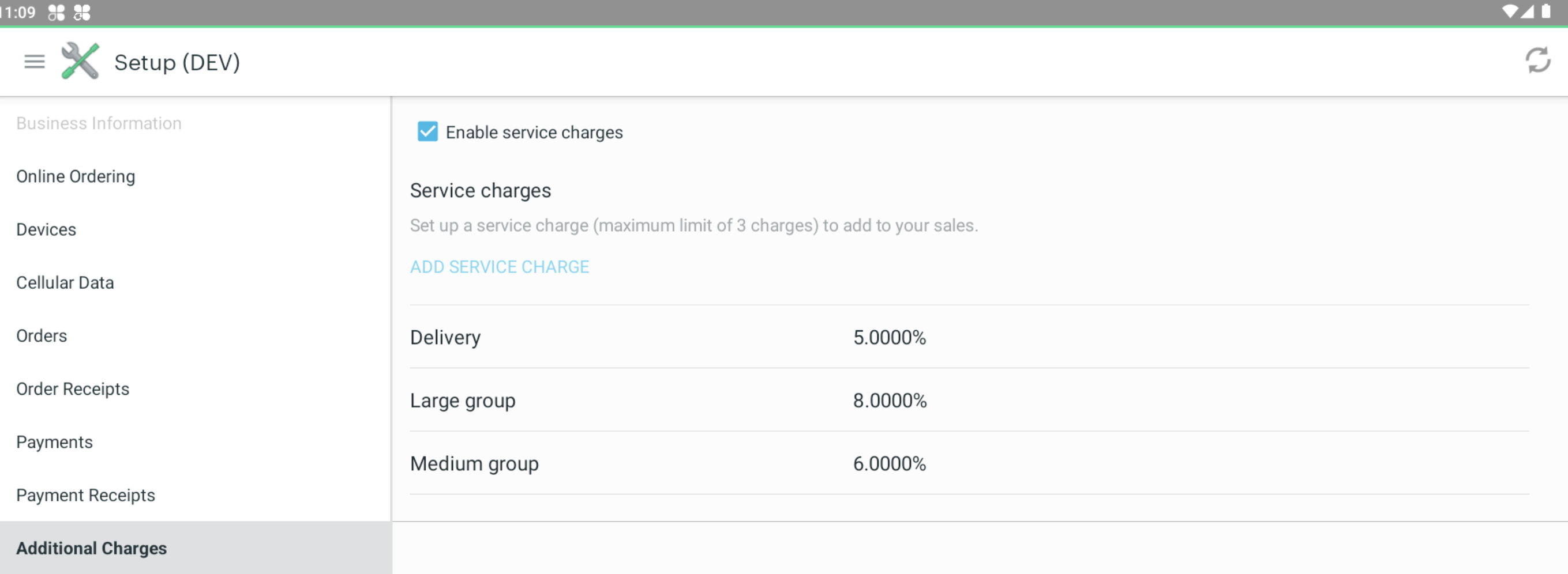 Setup app—List of service charges