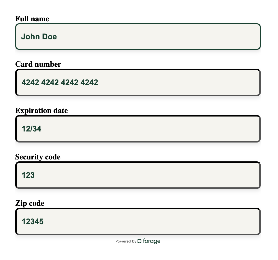 Payment form for HSA/FSA using the Forage JavaScript SDK with fields for card holder name, card number, expiration date, security code, and zip code. Powered by Forage logo shown below.