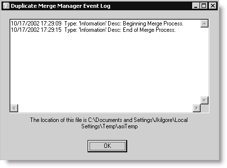 Example of Duplicate Merge Manager Event Log window after successful Merge process with no errors