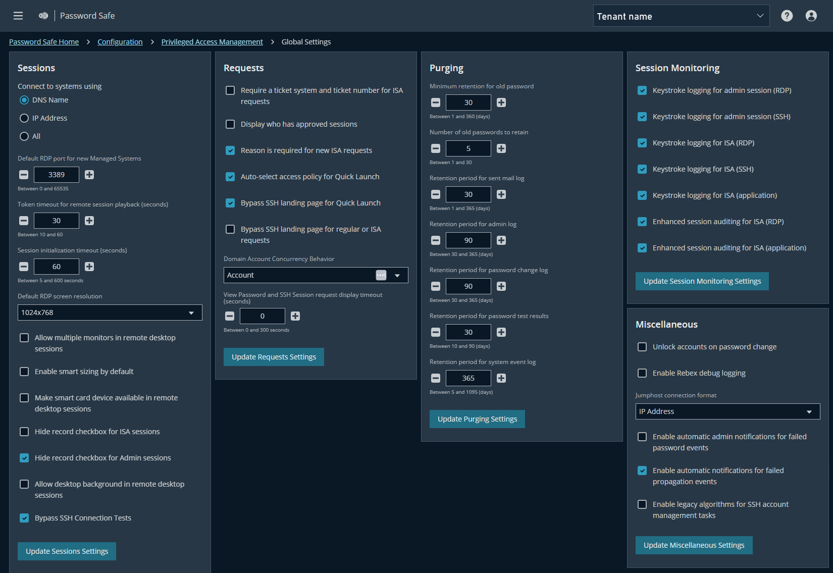 Global Settings page