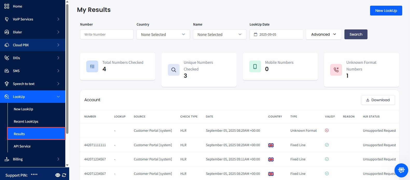 Screenshot of LookUp > Results in the main menu