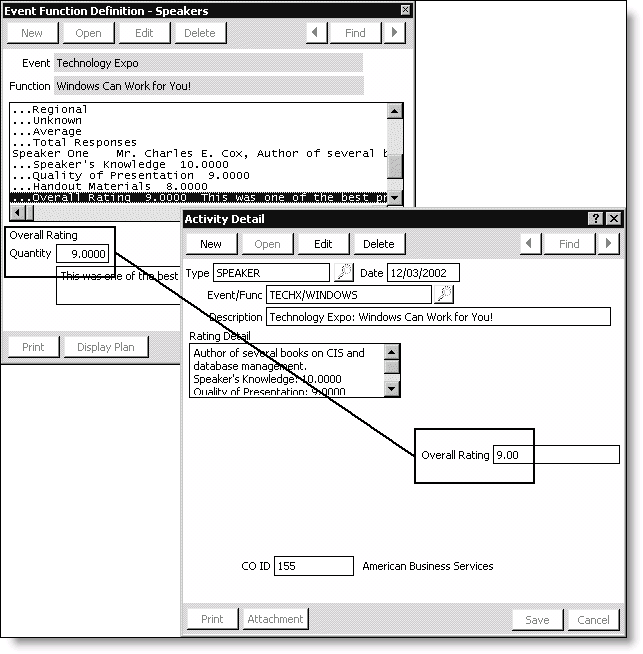 Example of a speaker's Overall Rating recorded on the Event Function Definition - Speakers window and displayed on the speaker's Activity Detail window Example of a speaker's Overall Rating recorded on the Event Function Definition - Speakers window and displayed on the speaker's Activity Detail window
