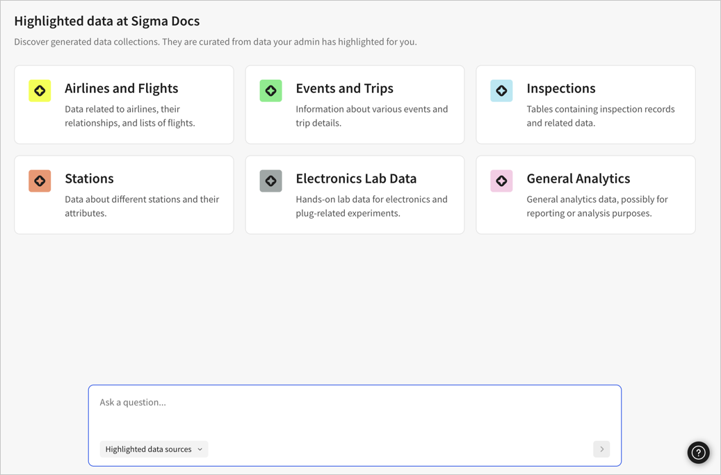 Generated data collections for the Sigma Docs organization, featuring inspections data and electronics data and more.