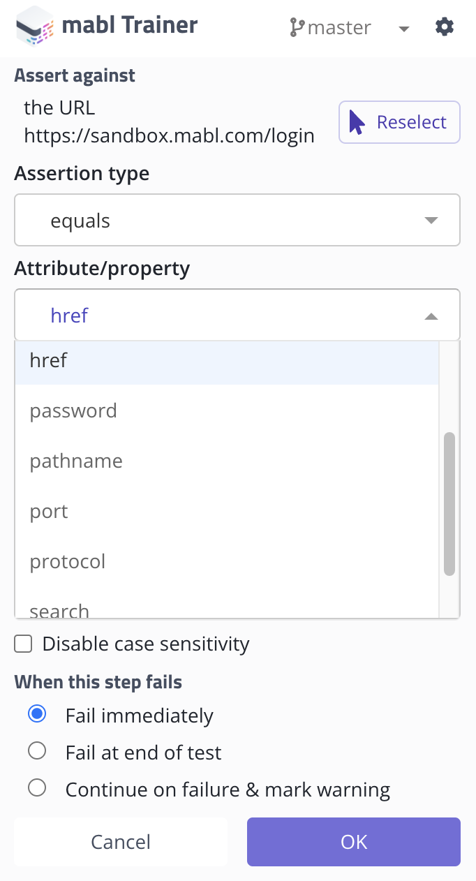 Attribute/property dropdown open showing what parts of a URL you can create assertions against.