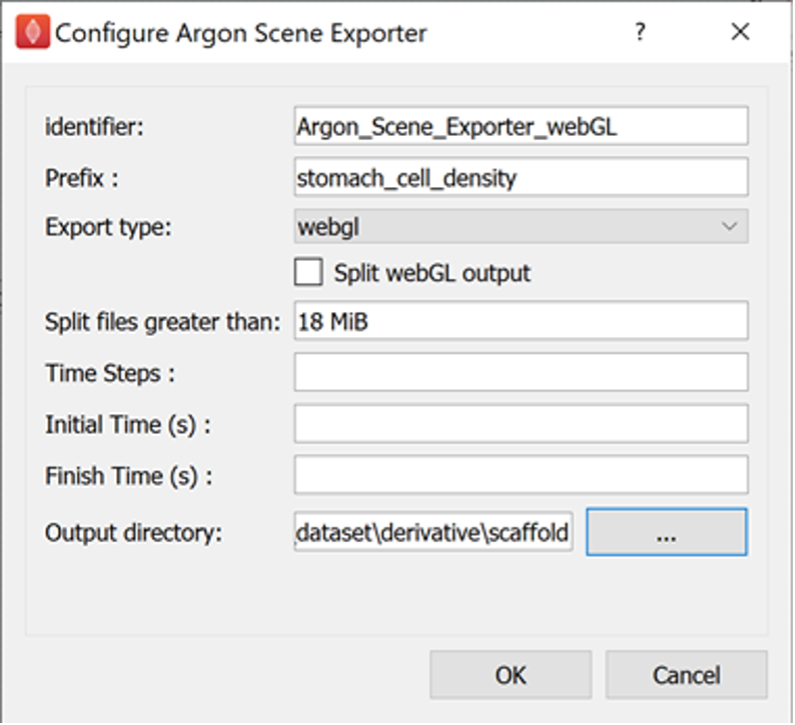 Figure 5. Argon Scene Exporter\_ step configured for outputting webGL into a scaffold directory in the skeleton dataset)