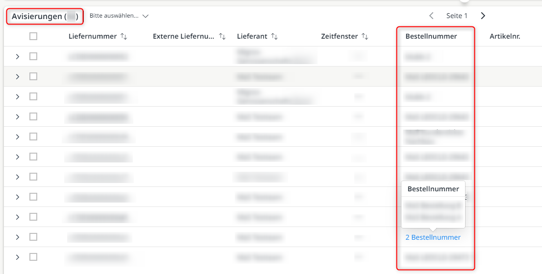 Neue Spalte "Bestellnummer" innerhalb der Worklist der Avisierungen