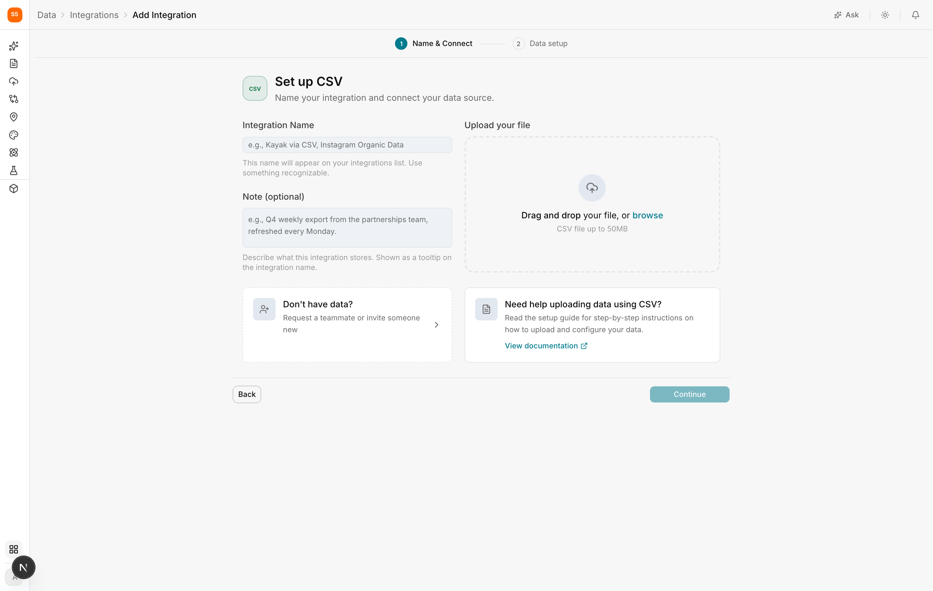 Naming a CSV integration and uploading the file
