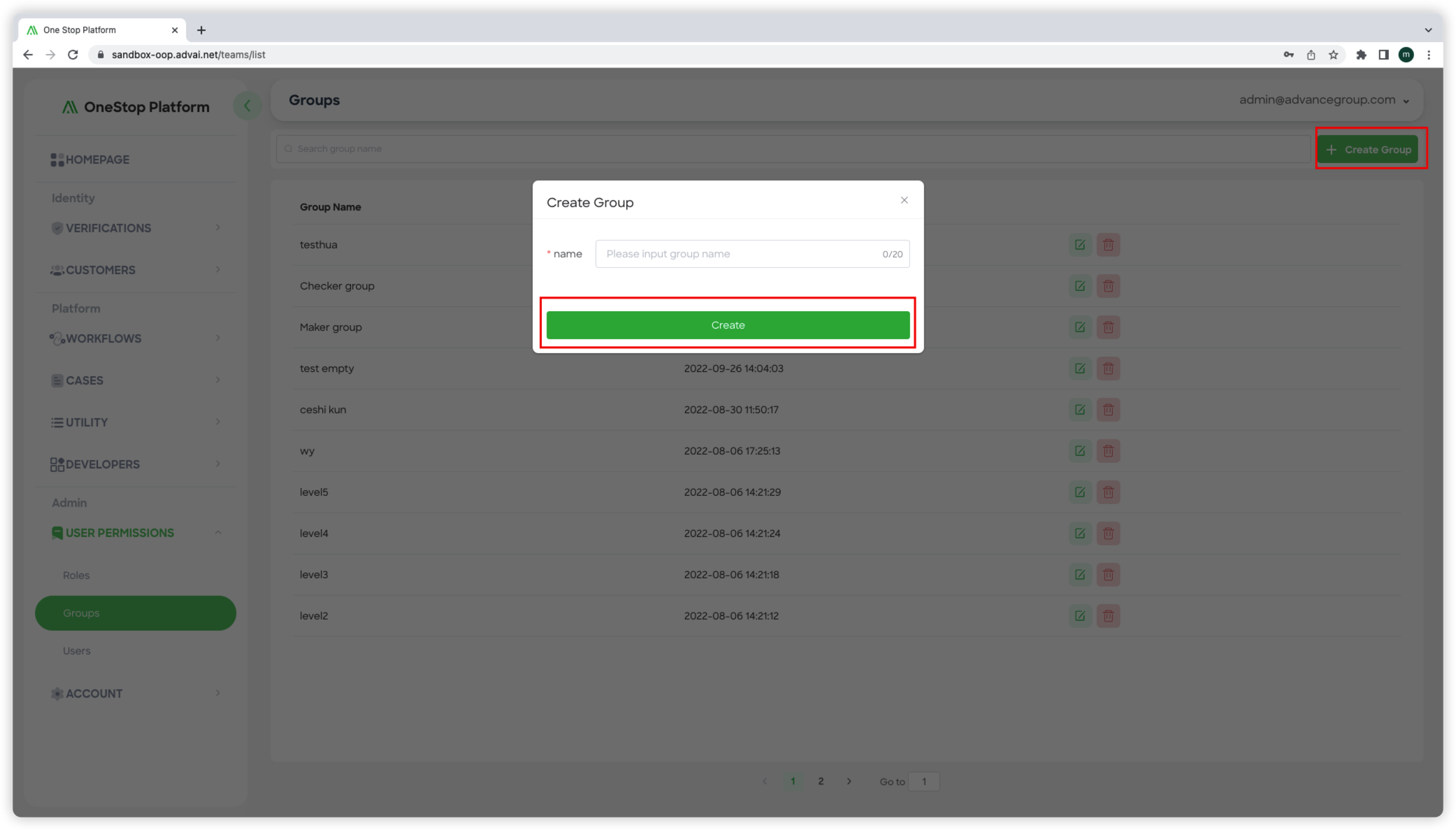 Figure 2 - The Pop-up Window for Adding a New Group