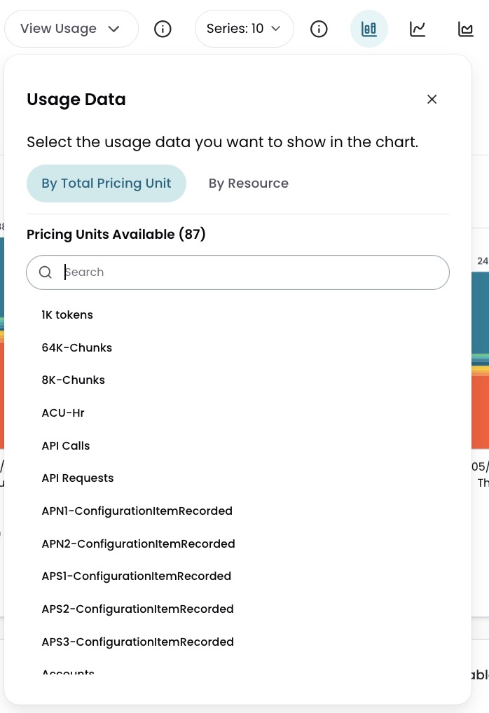 View Usage dropdown showing By Total Pricing Unit and By Resource tabs