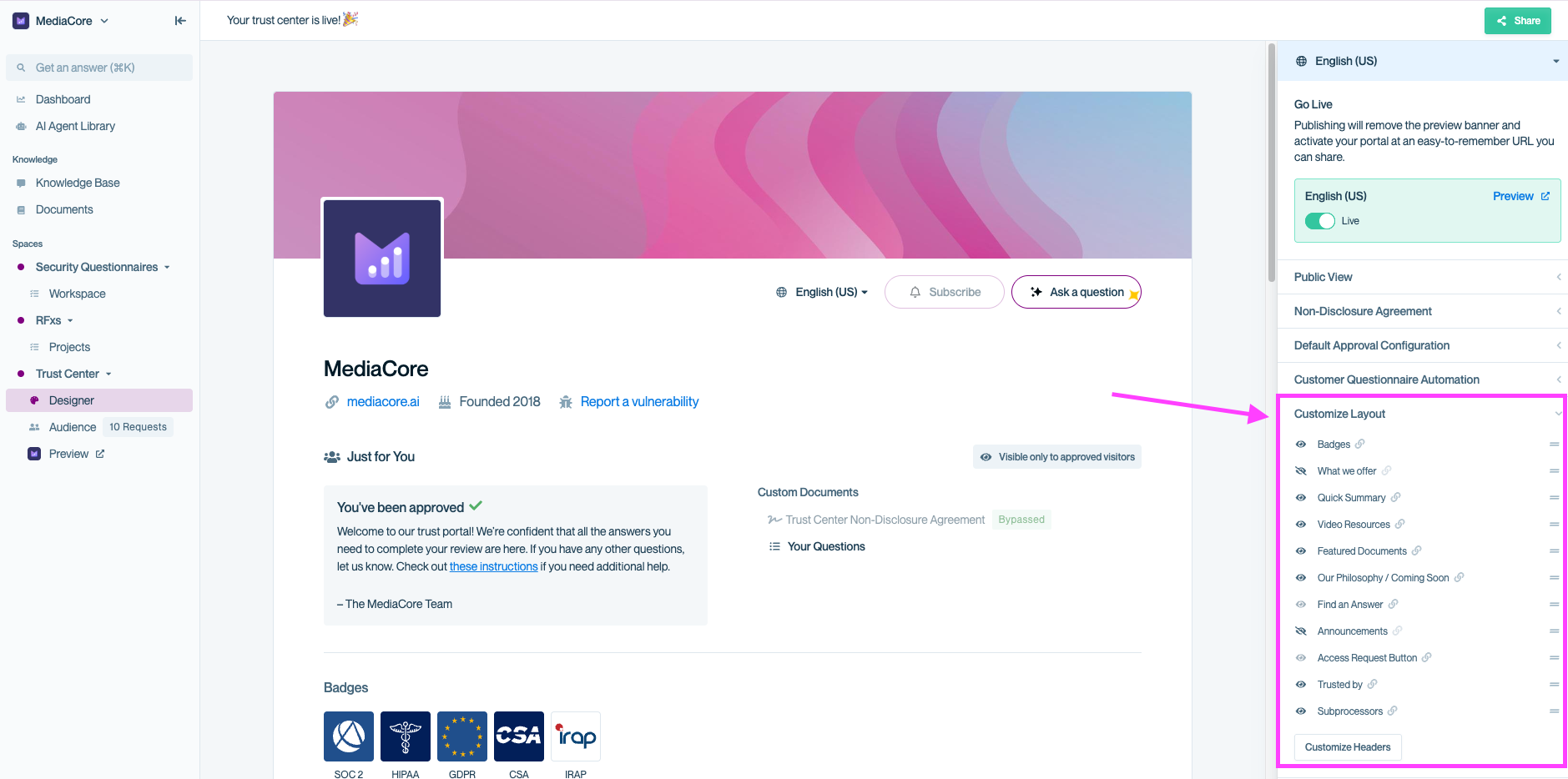 Conveyor Trust Center Designer view. The Customize Layout panel on the right is expanded, showing sections like Badges, What we offer, Quick Summary, Video Resources, and more. These sections can be reorganized or toggled on and off.