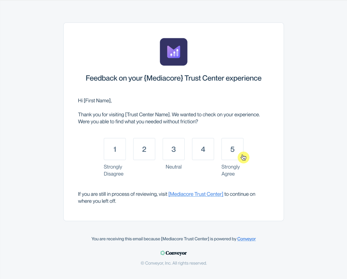 Email titled "Feedback on your MediaCore Trust Center experience" with a 1–5 rating scale displayed in the email body.
