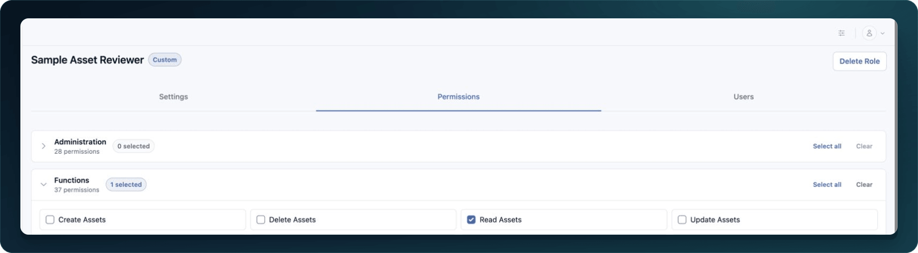 Saved customer Role showing one selected read Assets Permission on the Permissions tab.