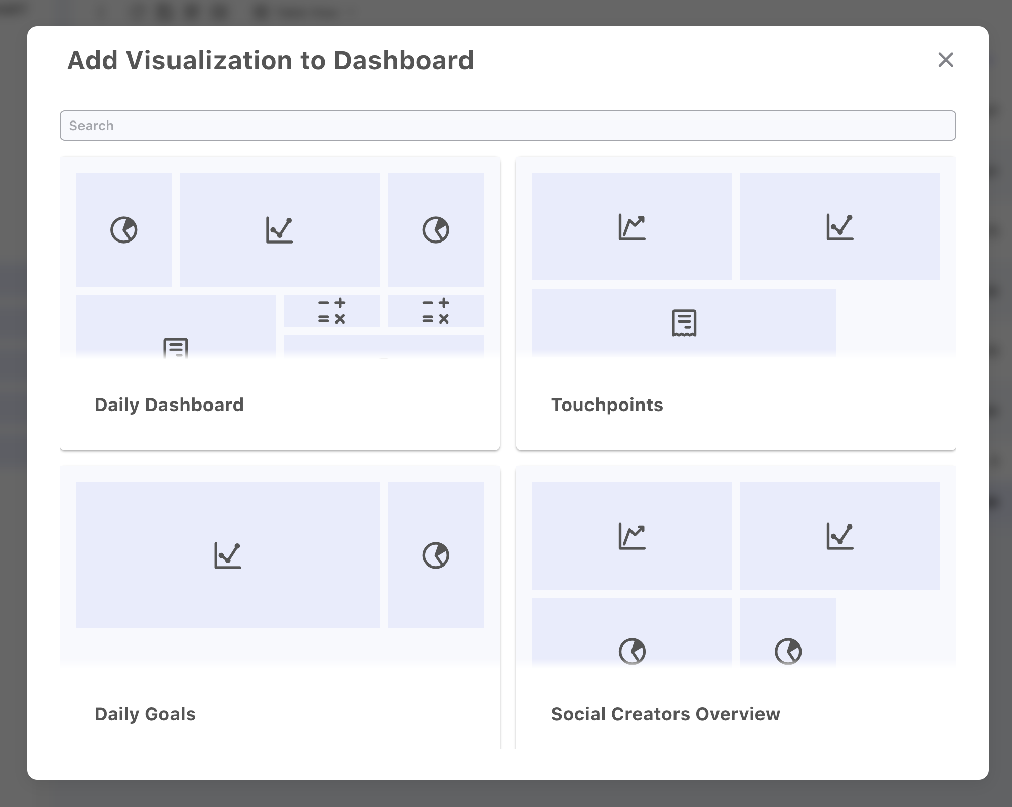 Dashboard selection modal