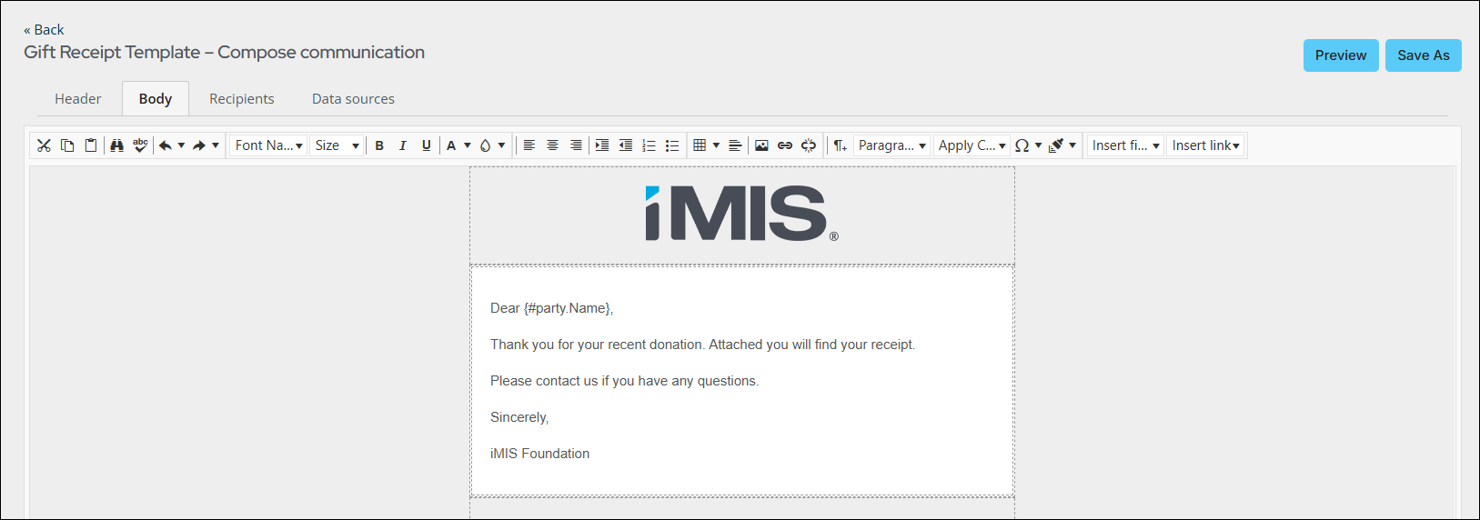 Out of the box gift receipt template before it is edited
