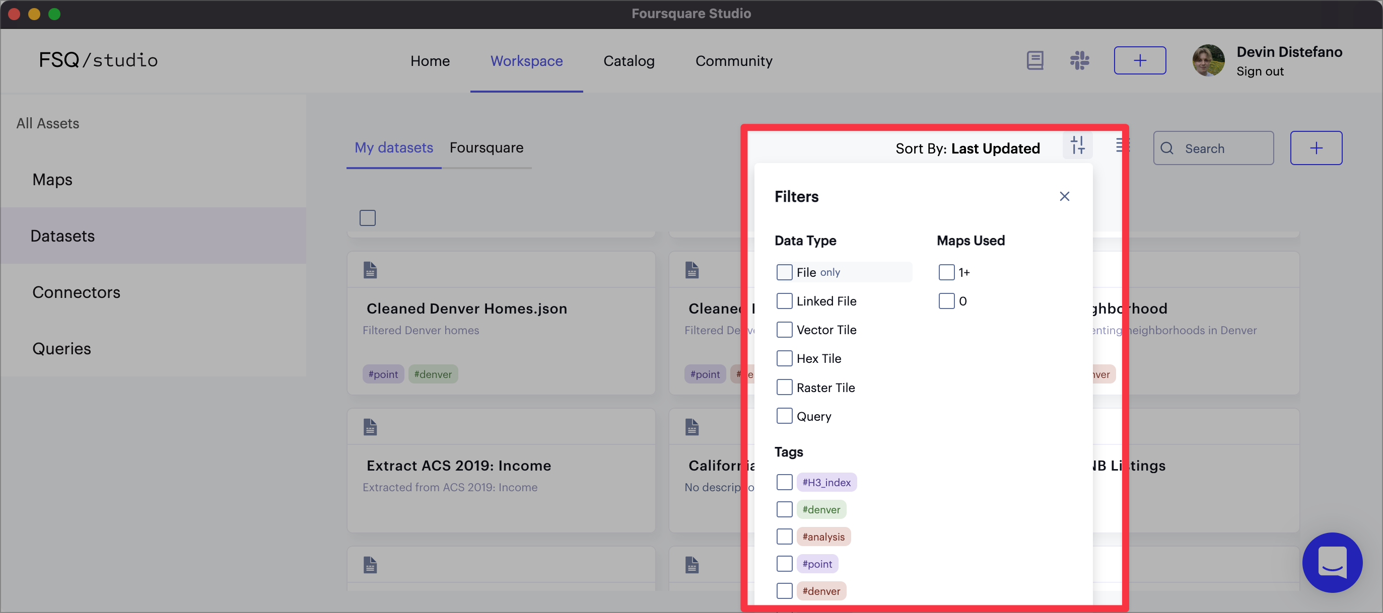 Filters in the Datasets section of the Workspace.