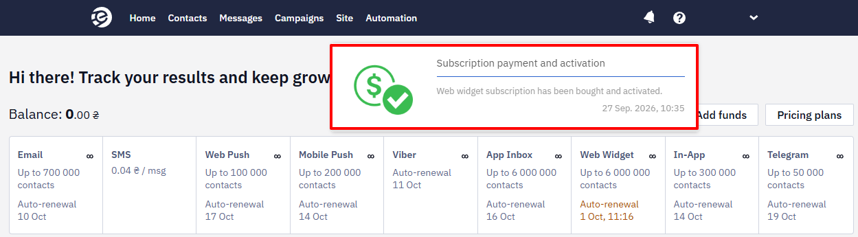 Platform dashboard with an open App Inbox notification confirming the Optimal Unlimited Messages subscription payment and activation