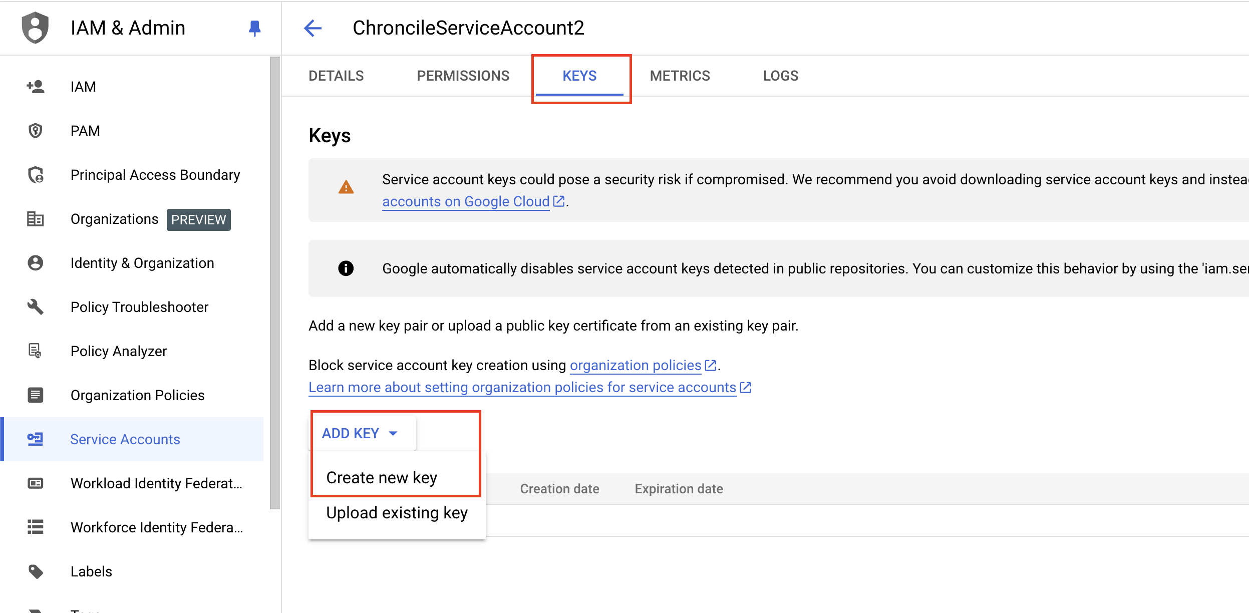 FIG. 4 - Creating a new key for your Service Account