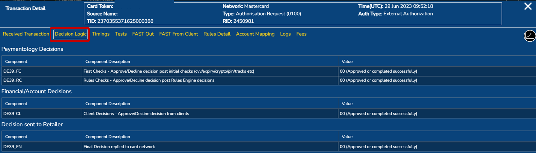 Transaction screen: decision logic