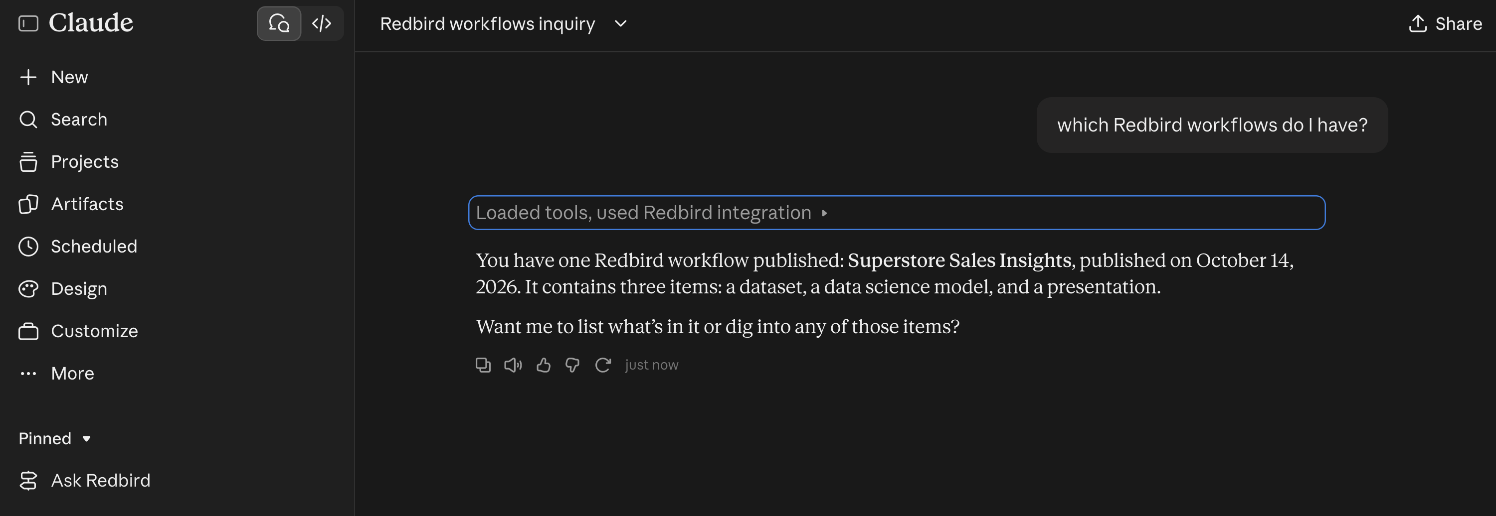 Placeholder: the assistant listing the user's Redbird MCP workflows