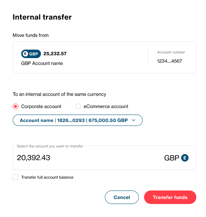 The internal transfer initiation pop up