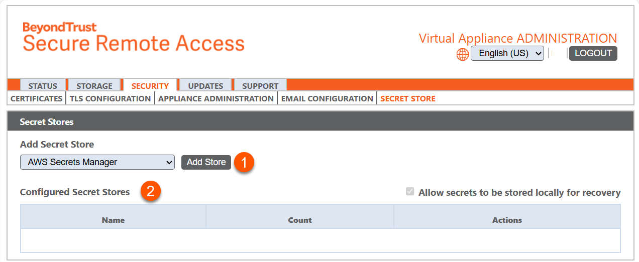 BeyondTrust Secure Remote Access interface showing the Secret Stores section. A dropdown menu allows the user to select a secret store type, with 'AWS Secrets Manager' selected, and an 'Add Store' button next to it. Below is a table listing configured secret stores with columns for Name, Count, and Actions. An option is also available to allow secrets to be stored locally for recovery.
