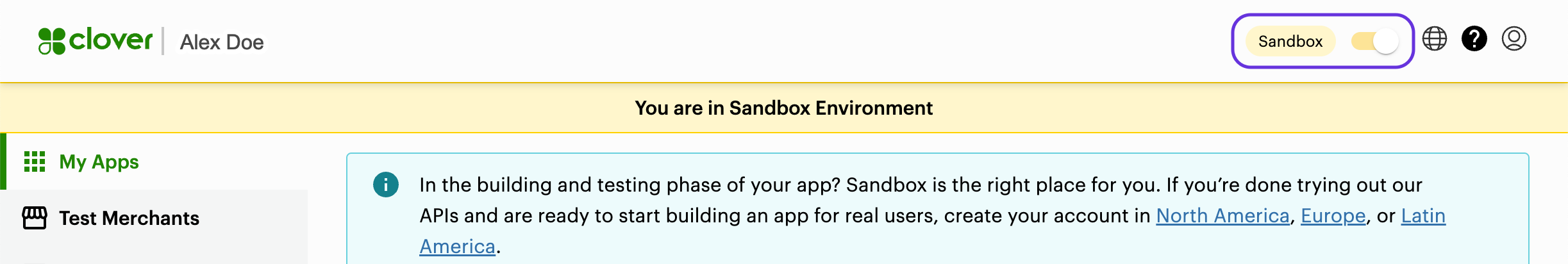 Global Developer Dashboard: Sandbox toggle icon