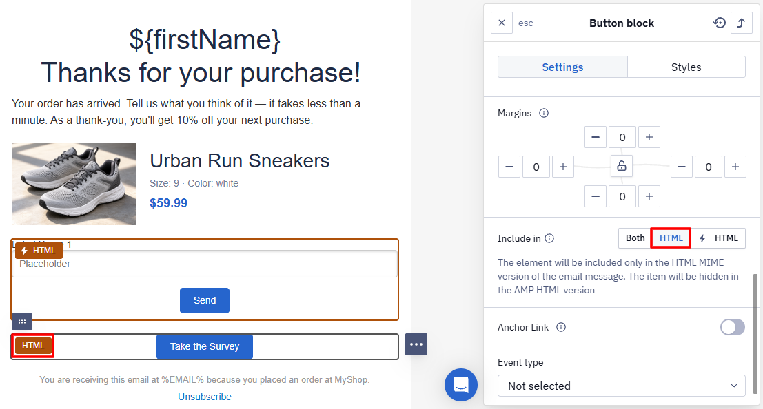 HTML selected in Include in for the alternative button