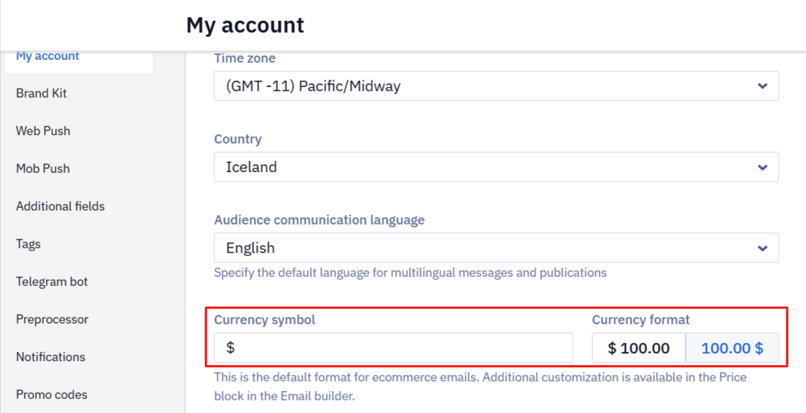 My account settings page with the Currency symbol field and the Currency format switch outlined in red