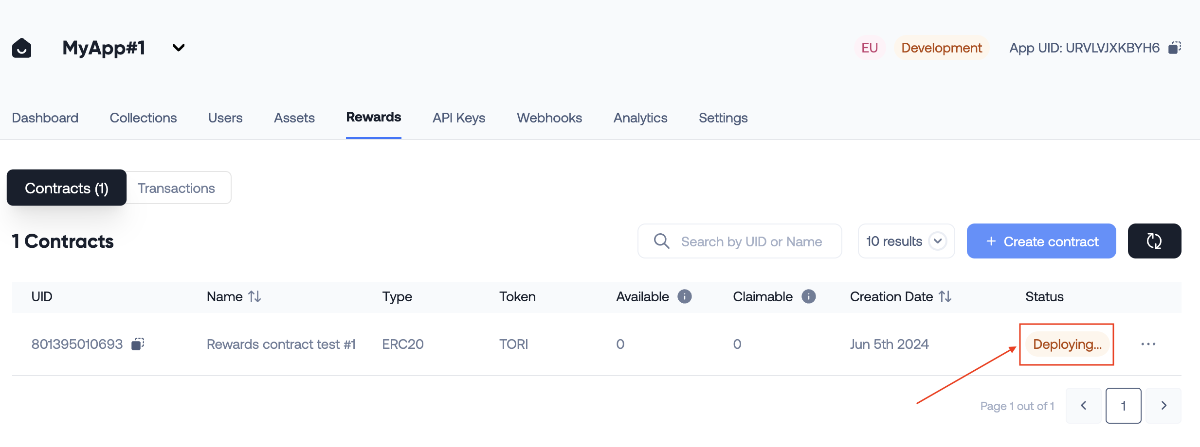 Rewards contract table - Rewards contract with status 'deploying'