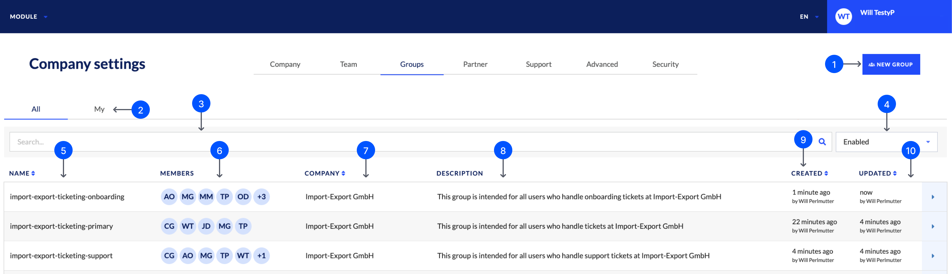 Groups tab in Company settings.