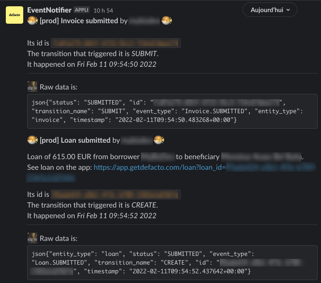 Example of notifications sent to Slack