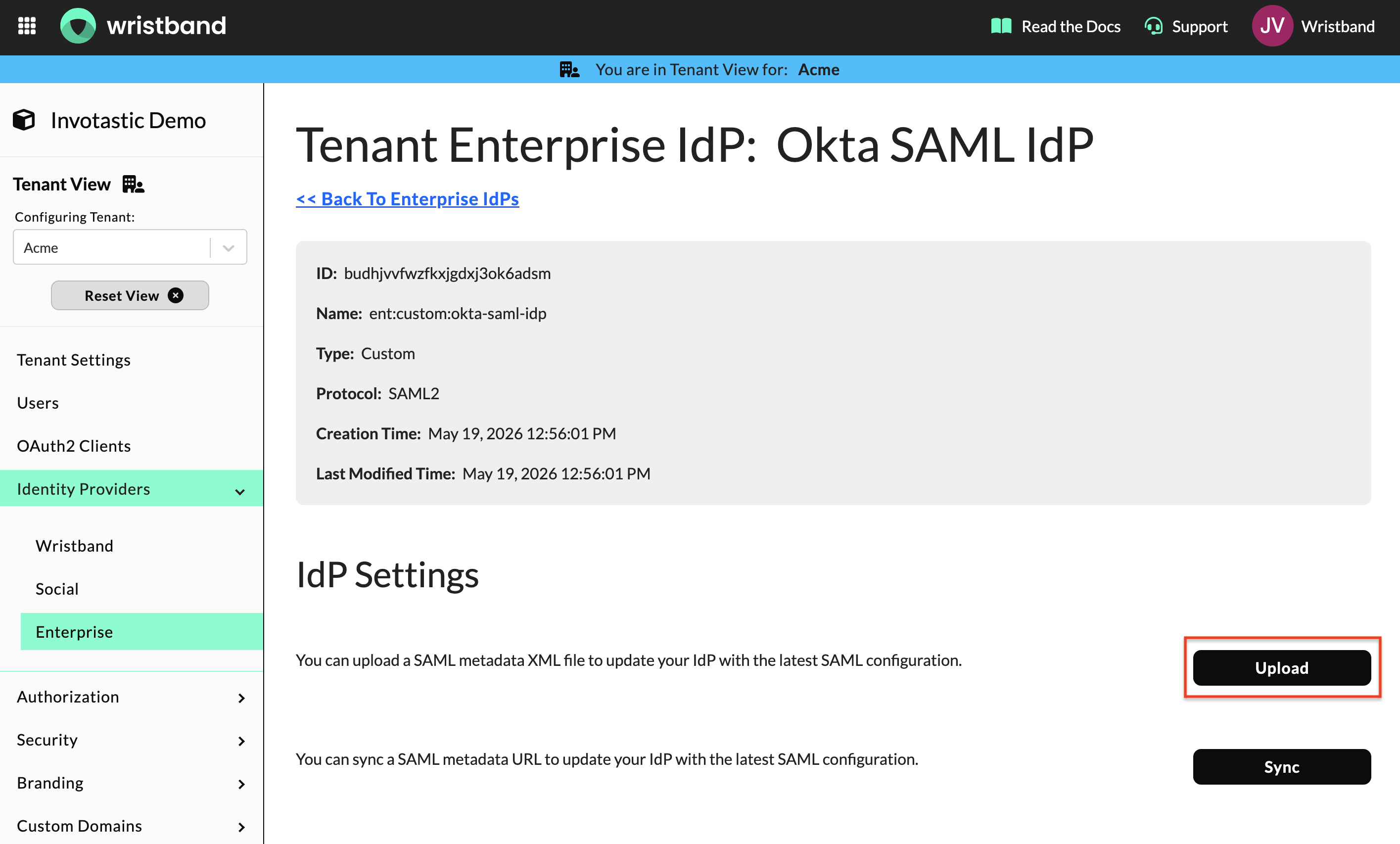 Wristband: Edit Custom IdP Page showing the Upload Metadata XML modal button
