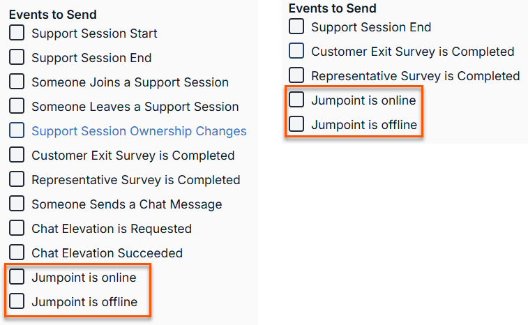 Two outbound event configuration screens are shown side-by-side: "Add HTTP Recipient" and "Add Email Recipient". Both display a list of events to send, with "Jumpoint is online" and "Jumpoint is offline" highlighted at the bottom.